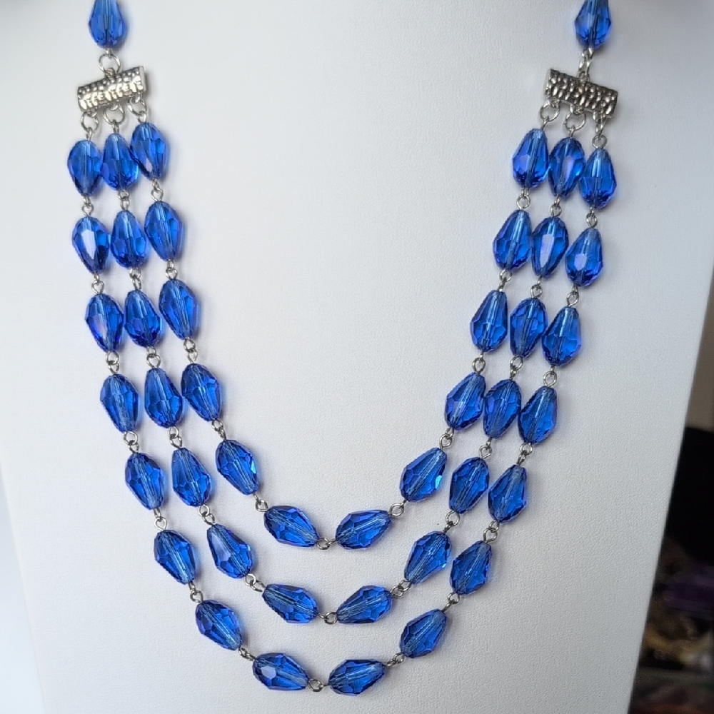 Sapphire Blue Glass Crystal Three Strand Necklace